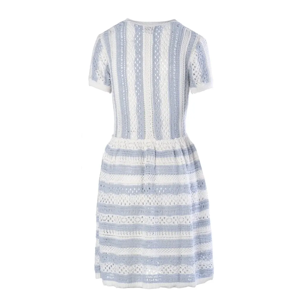 Red Valentino Blue & White Striped Crochet-Knit Cotton Dress - '10s White Cotton Good - Inside View