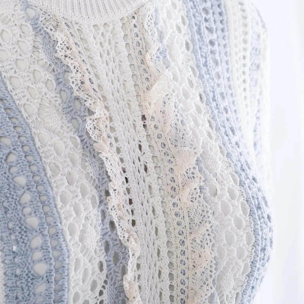 Red Valentino Blue & White Striped Crochet-Knit Cotton Dress - '10s White Cotton Good - Model View