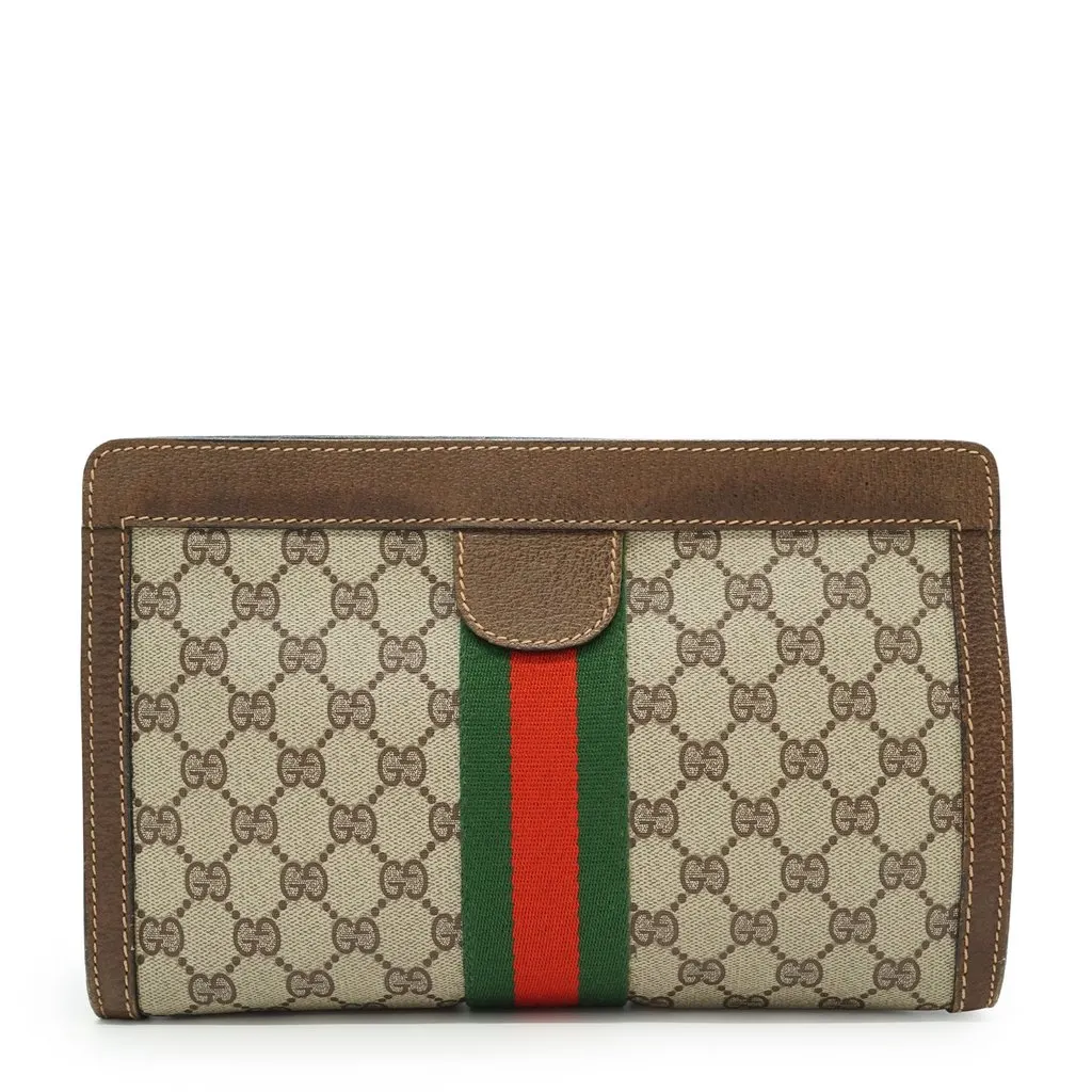 Gucci Clutch Bag Vintage Ophidia Brown Canvas Good - Front View