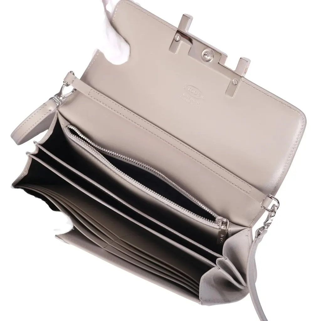 Tod's Double T Grey Leather Continental Wallet with Shoulder Strap - '10s Grey Leather Good - Box View