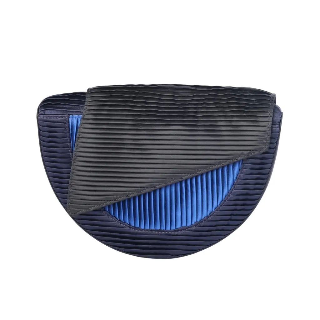 Versace Couture Geometric Pleated Clutch - '80s Navy Satin Good - Front View