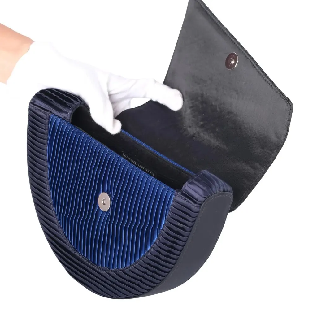 Versace Couture Geometric Pleated Clutch - '80s Navy Satin Good - Model View