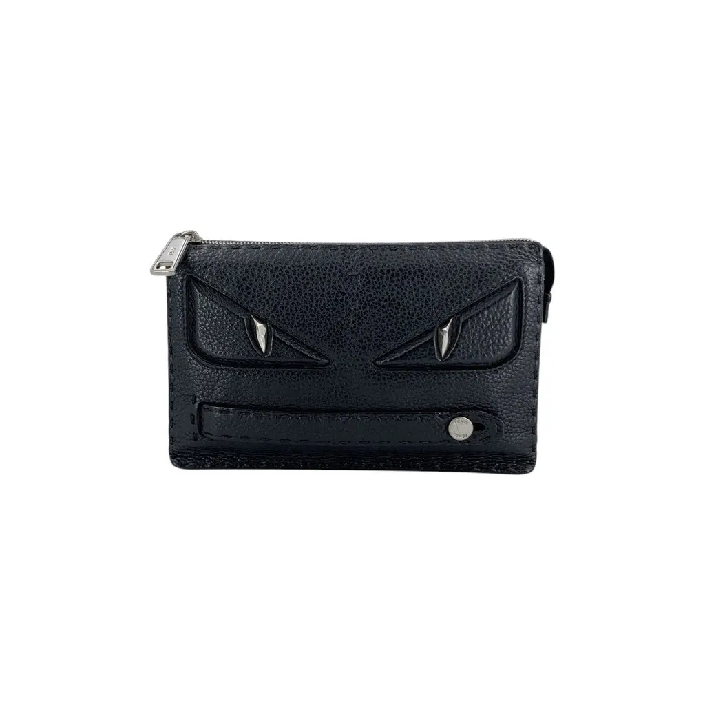 Fendi Clutch Bag Bugs Eye Black Leather Good - Front View