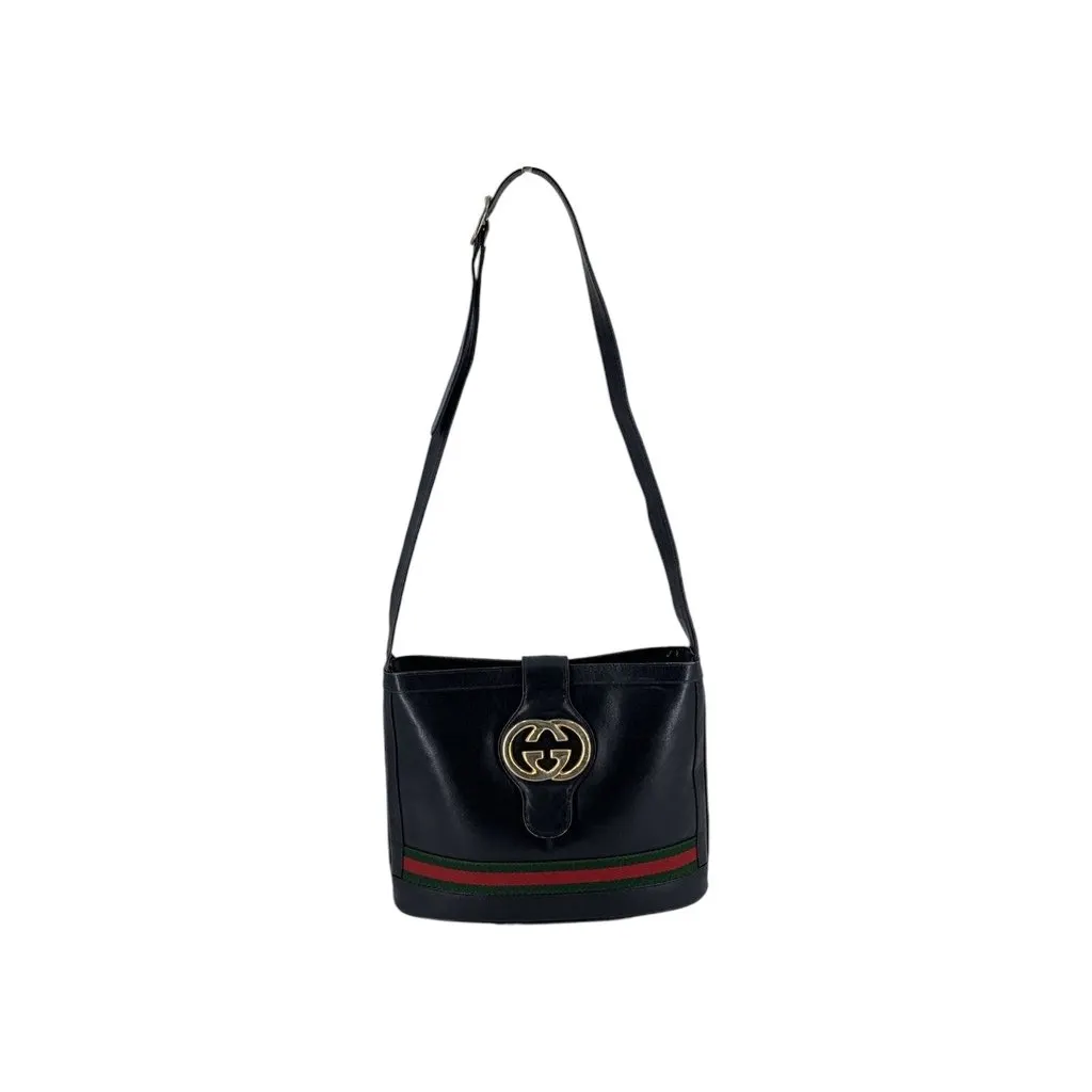 Gucci Shoulder Bag Vintage Interlocking Black Leather Good - Front View