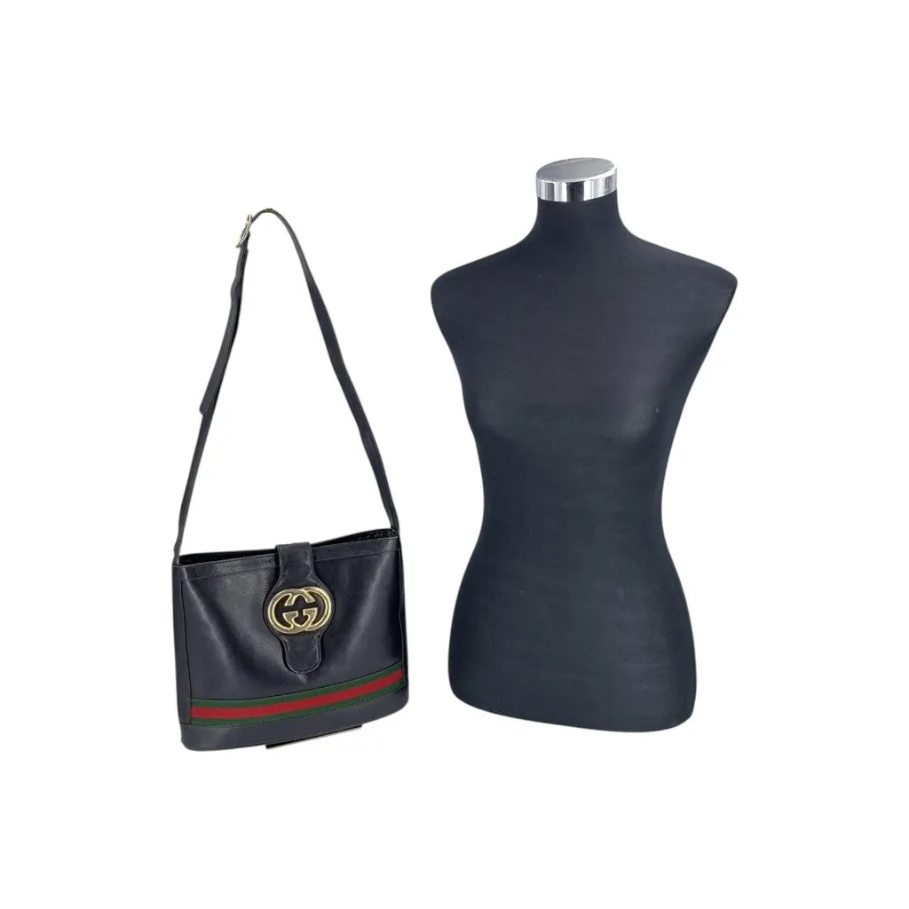 Gucci Shoulder Bag Vintage Interlocking Black Leather Good - Back View