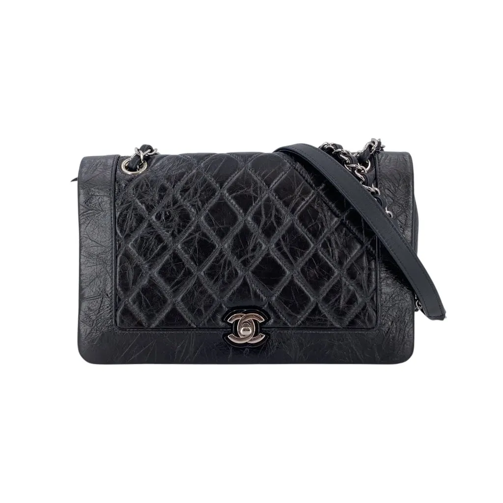 Chanel Shoulder Bag Bi-quilted Black Leather Good - Front View