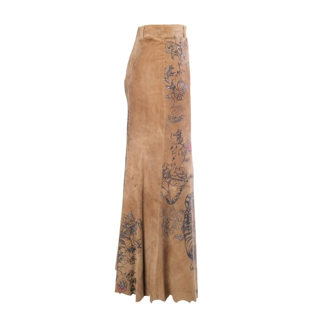 Roberto Cavalli Tattoo Tiger Printed Suede Maxi Skirtt- '00s MultiColor Suede Good - Back View