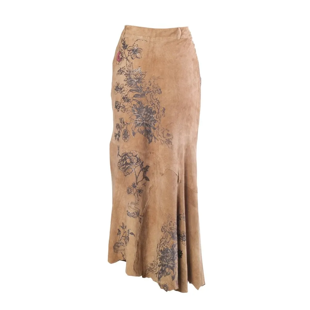 Roberto Cavalli Tattoo Tiger Printed Suede Maxi Skirtt- '00s MultiColor Suede Good - Inside View