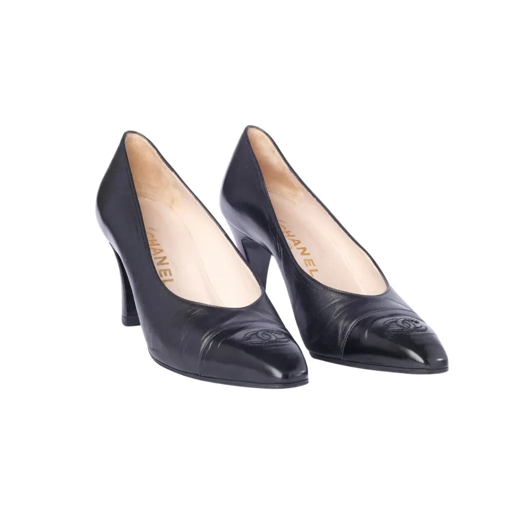 Chanel Black Leather CC Cap-Toe Pumps - '90s Black Leather Good - Back View