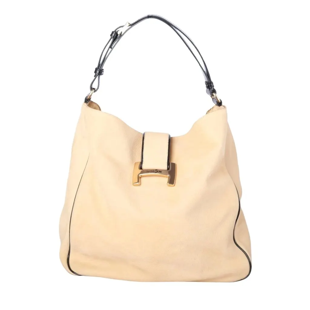 Unsigned Hogan Beige Leather Hobo Bag with Black Patent Trim - '10s