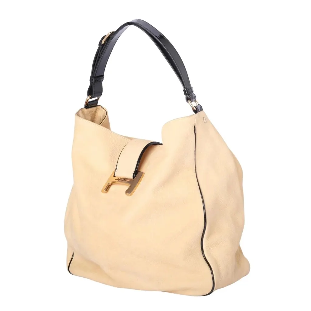 Unsigned Hogan Beige Leather Hobo Bag with Black Patent Trim - '10s Black Leather Good - Back View