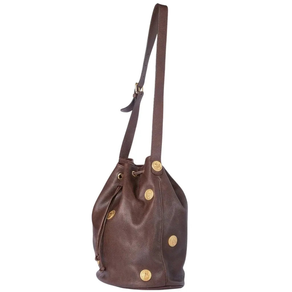 Fendi Vintage Brown Leather Zodiac Medallion Bucket Bag - '90s Brown Leather Good - Back View