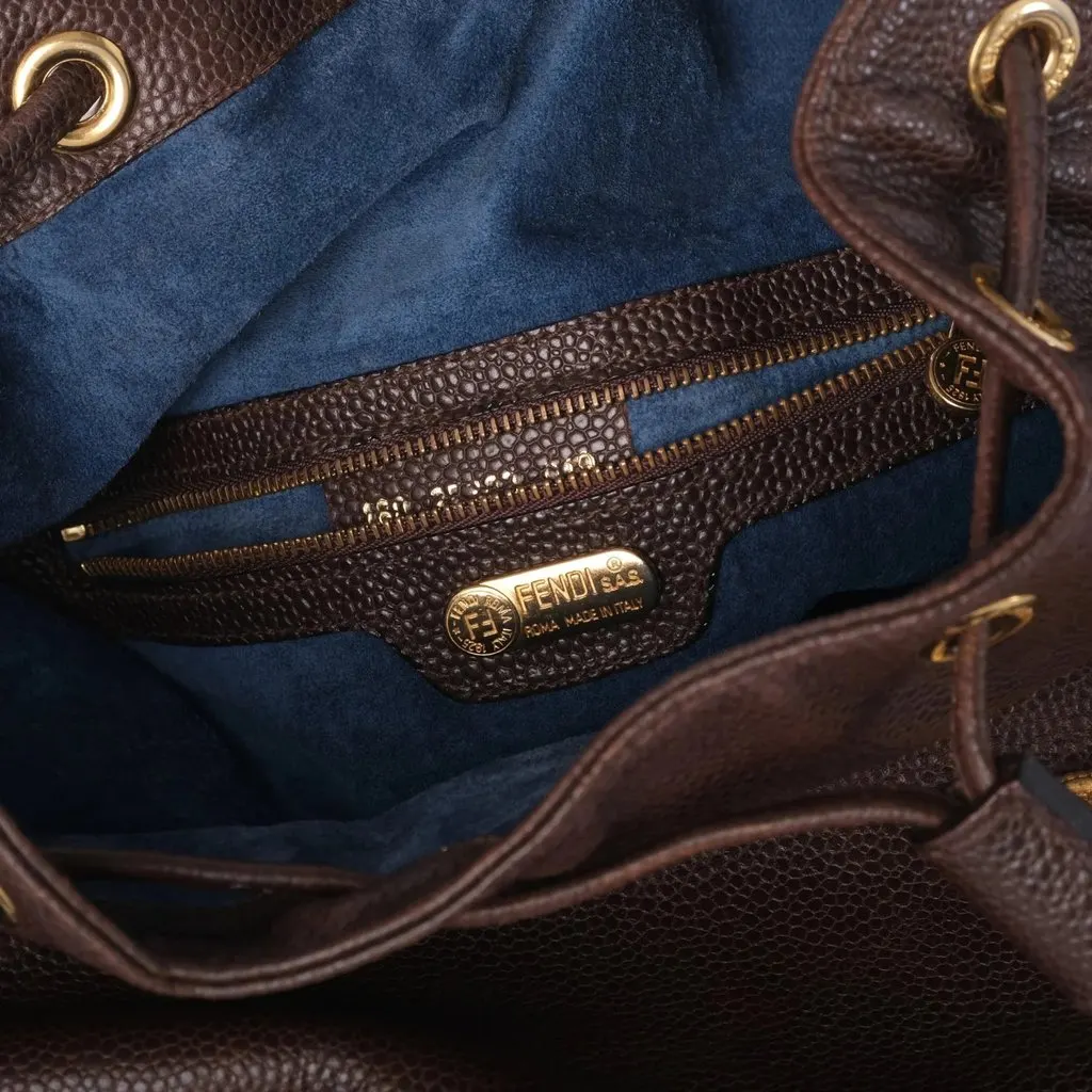 Fendi Vintage Brown Leather Zodiac Medallion Bucket Bag - '90s Brown Leather Good - Model View