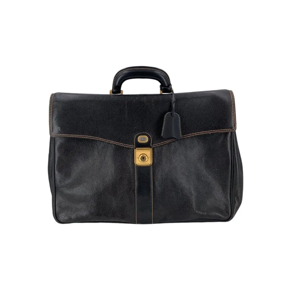 Alfred Dunhill Handbag Vintage Briefcase Attache Black Leather Good - Front View