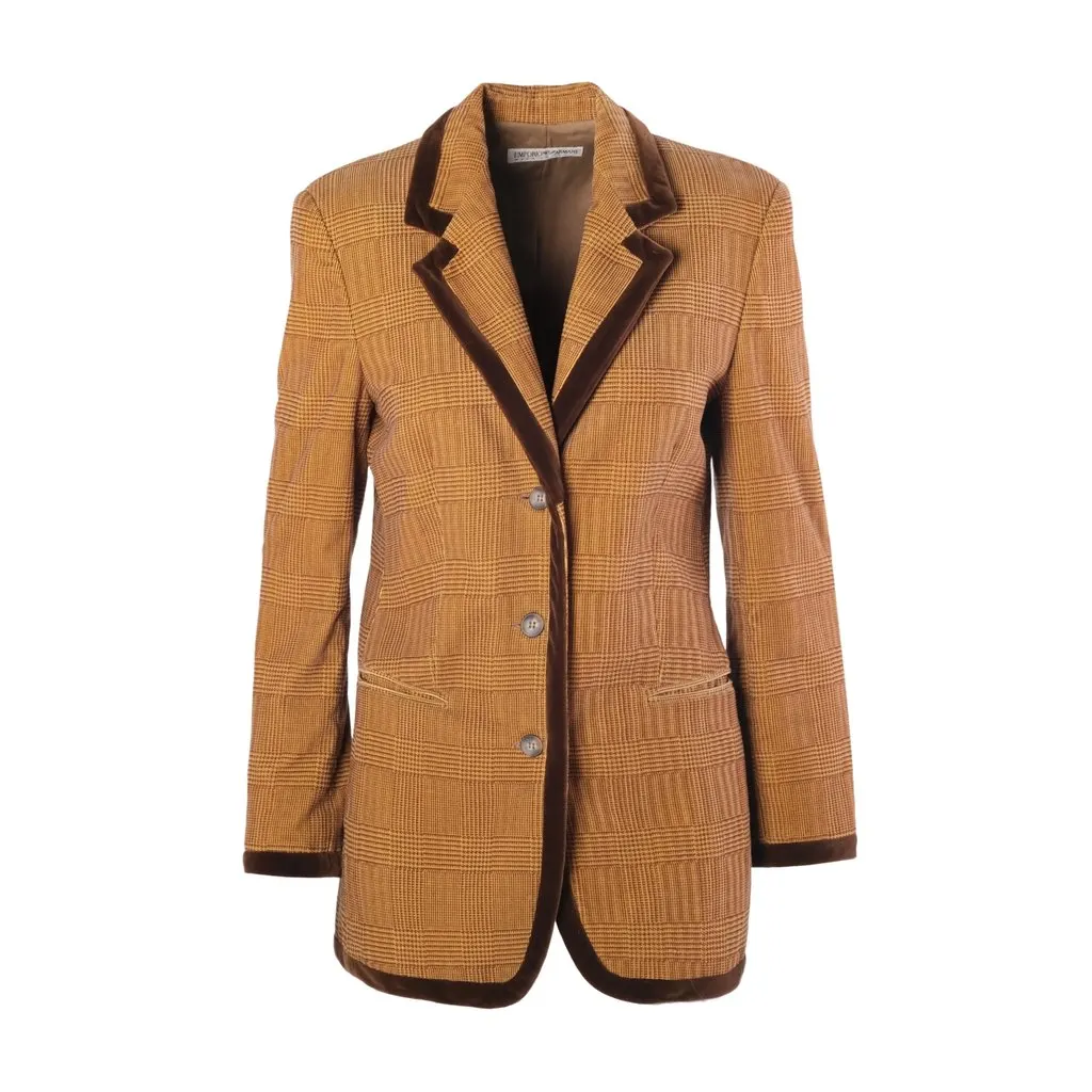 Emporio Armani Vintage Brown Checked Blazer with Velvet Trim - '90s