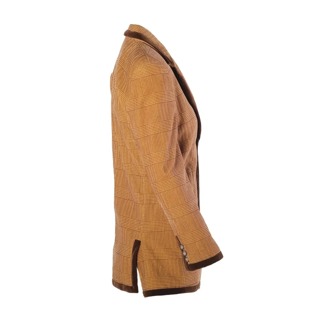 Emporio Armani Vintage Brown Checked Blazer with Velvet Trim - '90s Brown Velvet Good - Back View
