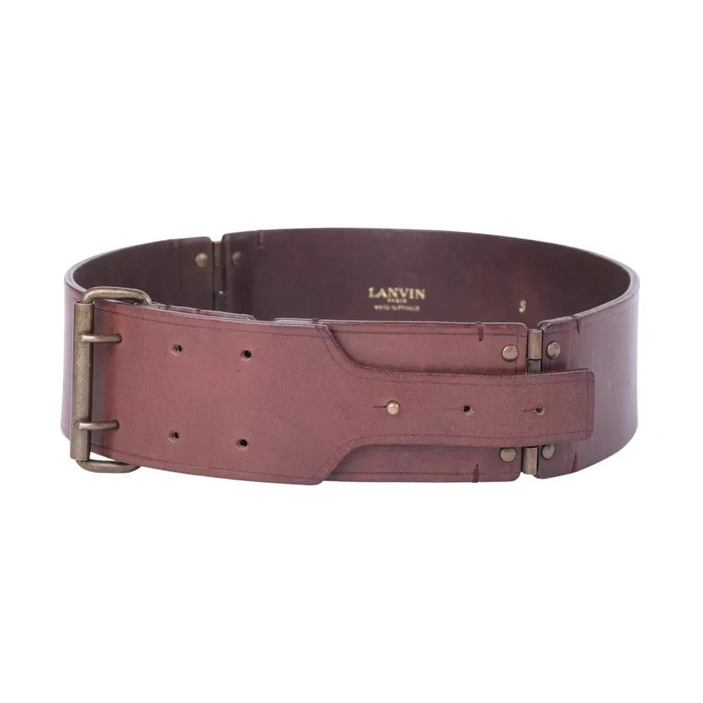 Lanvin Vintage Brown Leather Wide Waist Belt with Antiqued Brass Buckle - '00s