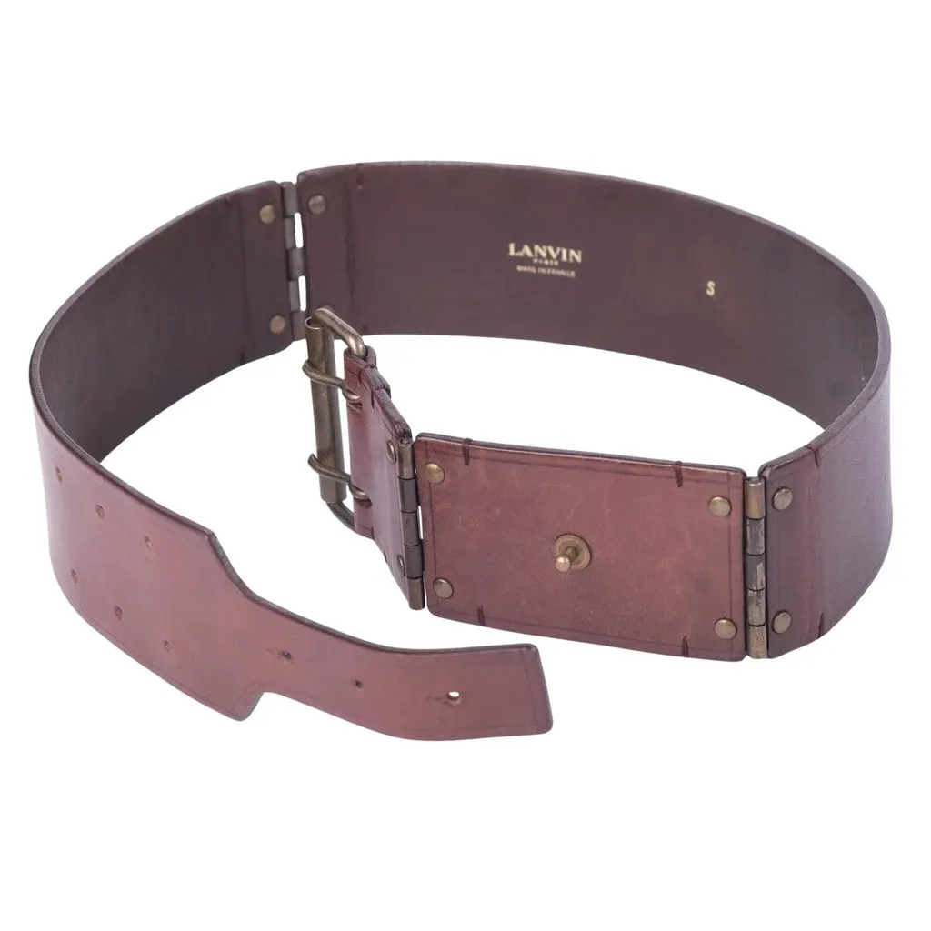 Lanvin Vintage Brown Leather Wide Waist Belt with Antiqued Brass Buckle - '00s Brown Leather Good - Back View