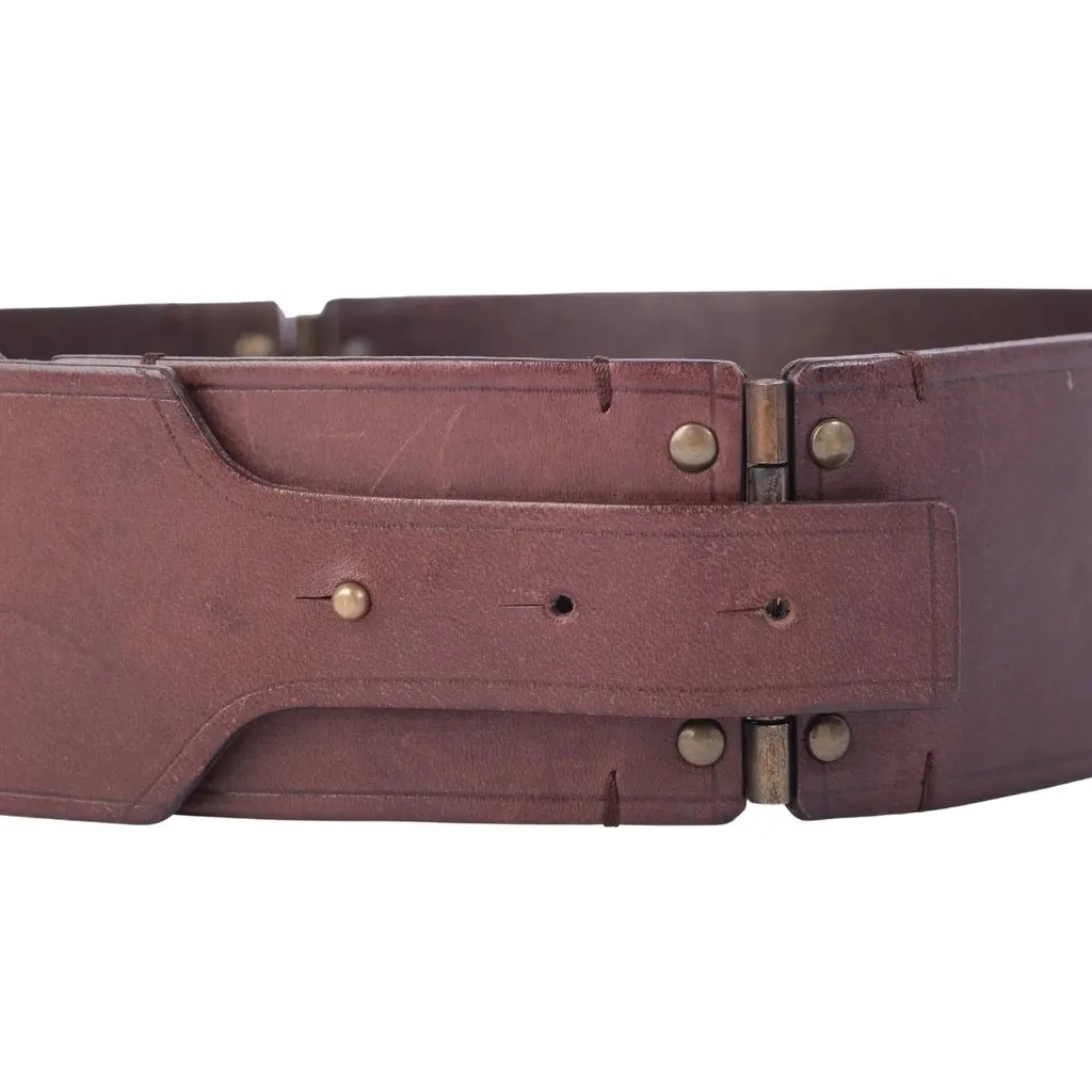 Lanvin Vintage Brown Leather Wide Waist Belt with Antiqued Brass Buckle - '00s Brown Leather Good - Model View