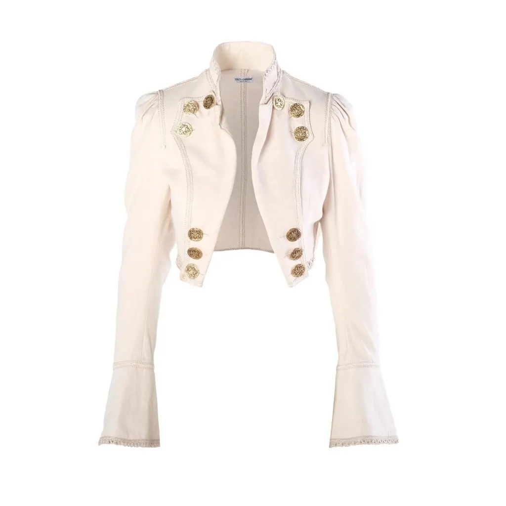 Dolce & Gabbana Ivory Military Cropped Jacket with Gold Crest Buttons - '00s White Good - Front View
