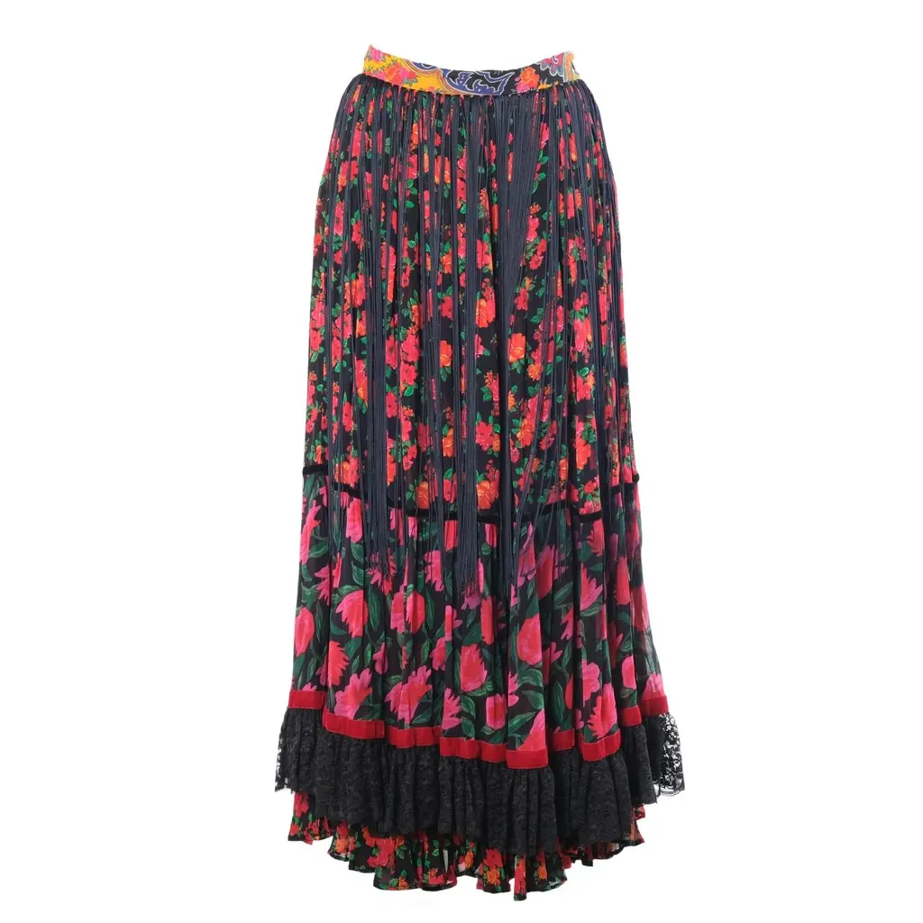 Dolce & Gabbana Floral Fringe Tiered Maxi Skirt-'90s Red Lace Good - Front View