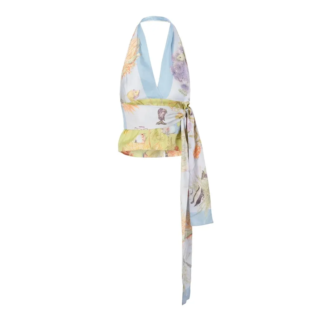 Salvatore Ferragamo Aquarium Print Silk Halter Top - '00s