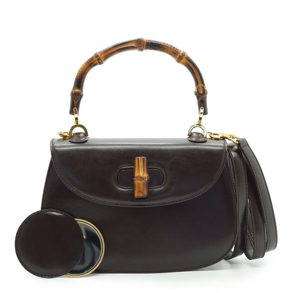 Gucci Handbag Bamboo Top Handle Brown Leather Good - Front View
