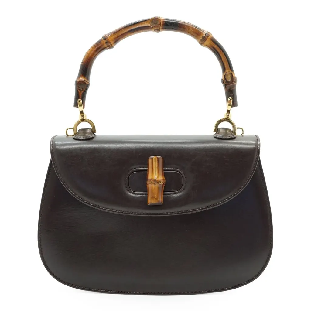 Gucci Handbag Bamboo Top Handle Brown Leather Good - Back View