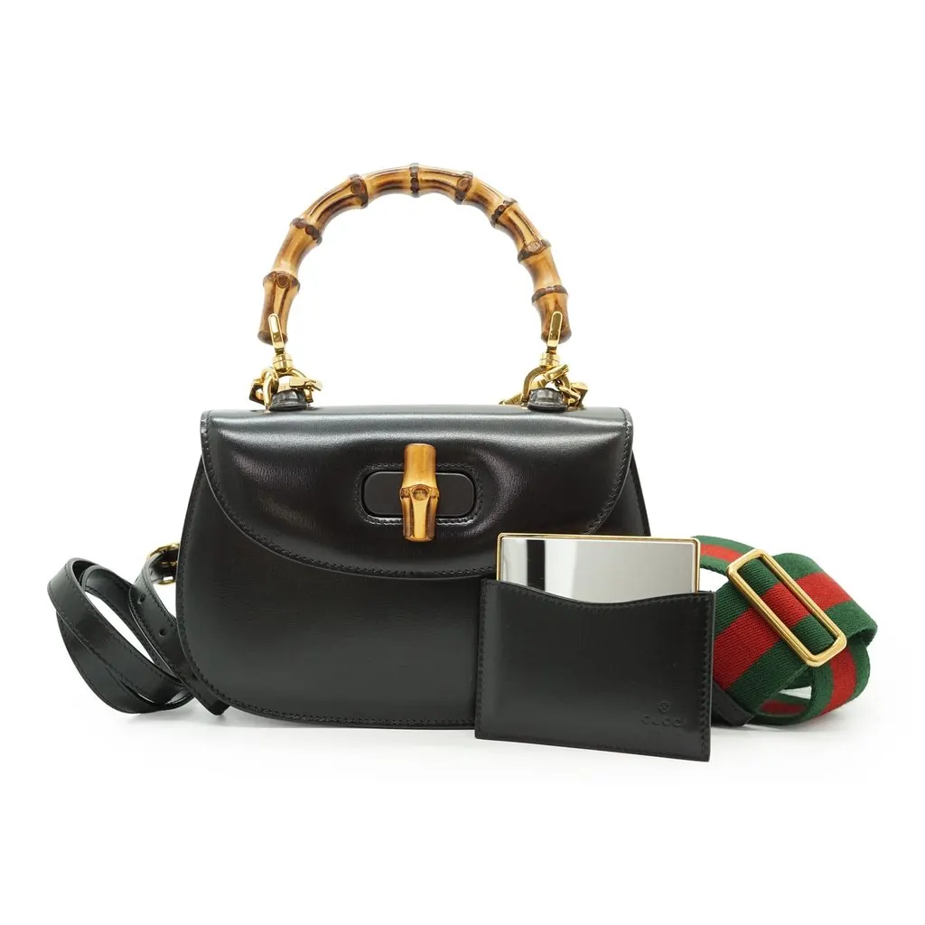Gucci Handbag Bamboo Top Handle Black Leather Good - Front View