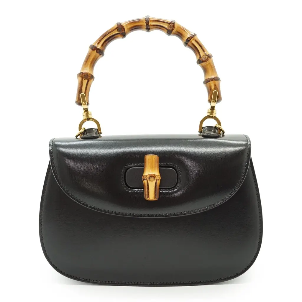 Gucci Handbag Bamboo Top Handle Black Leather Good - Back View