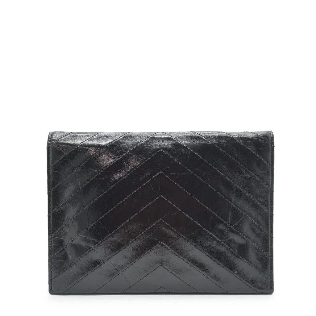 Saint Laurent Clutch Bag Vintage Envelope Black Leather Good - Back View