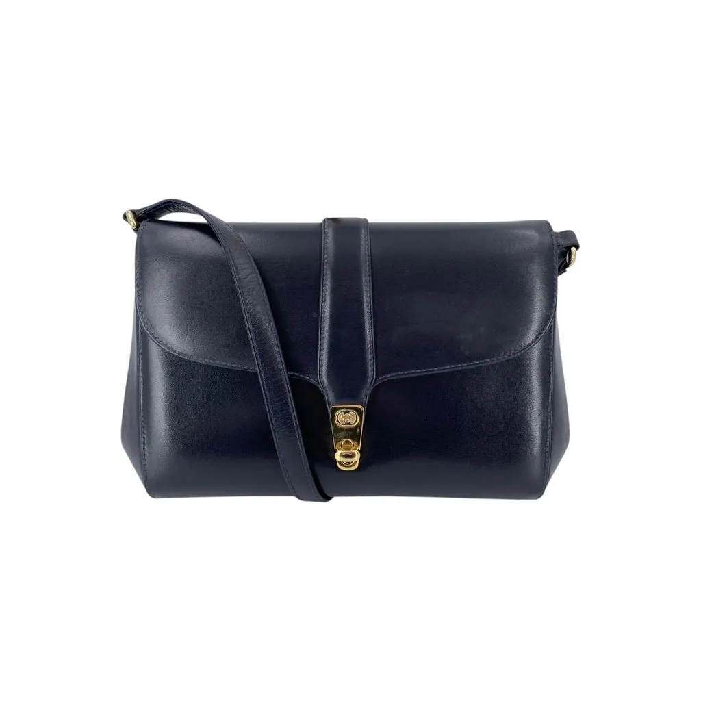 Gucci Shoulder Bag Vintage Crest Clasp Navy Leather Good - Front View