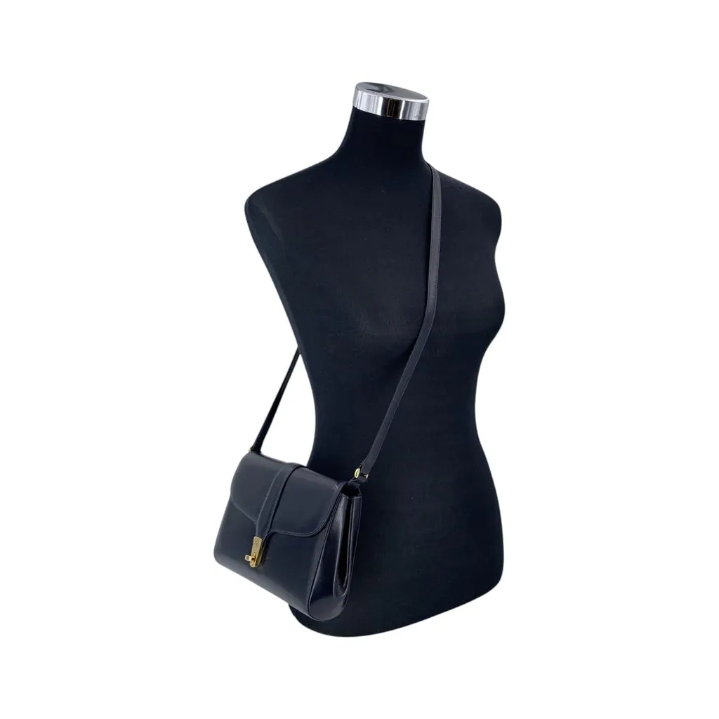 Gucci Shoulder Bag Vintage Crest Clasp Navy Leather Good - Back View