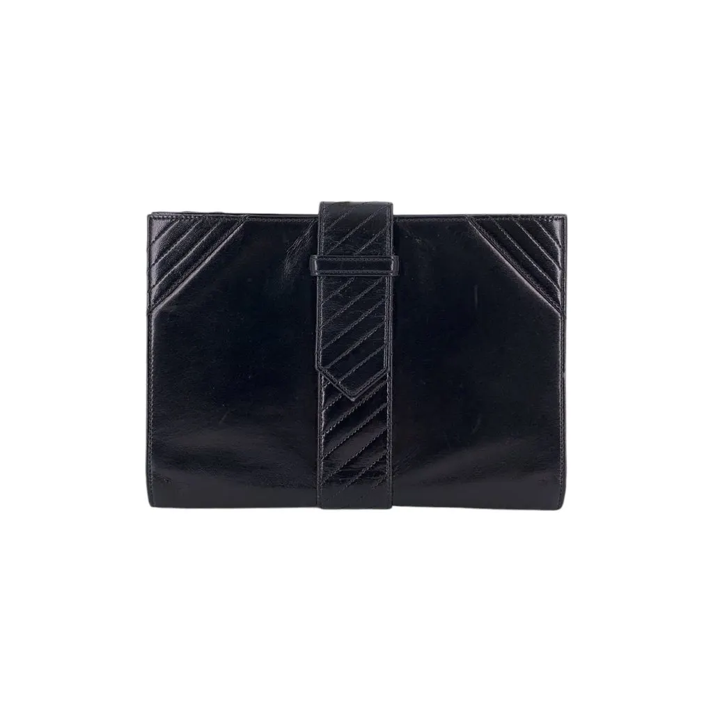 Saint Laurent Clutch Bag Vintage Bifold Black Leather Good - Front View