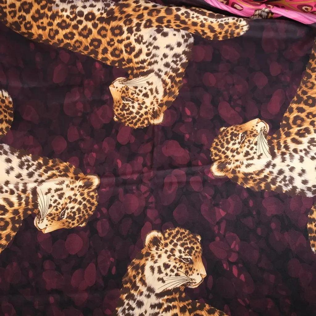 Salvatore Ferragamo Poised Leopards Silk Scarf - '90s Burgundy Silk Good - Inside View