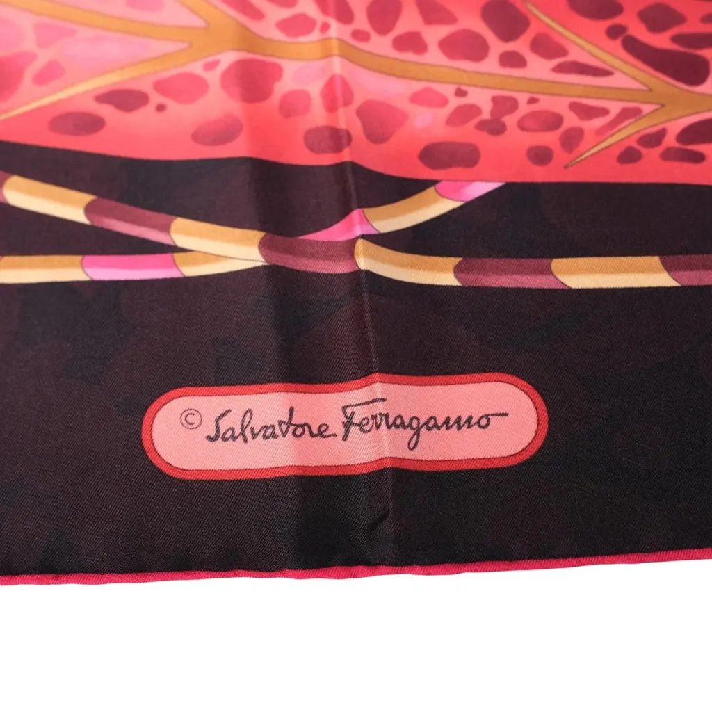 Salvatore Ferragamo Poised Leopards Silk Scarf - '90s Burgundy Silk Good - Model View