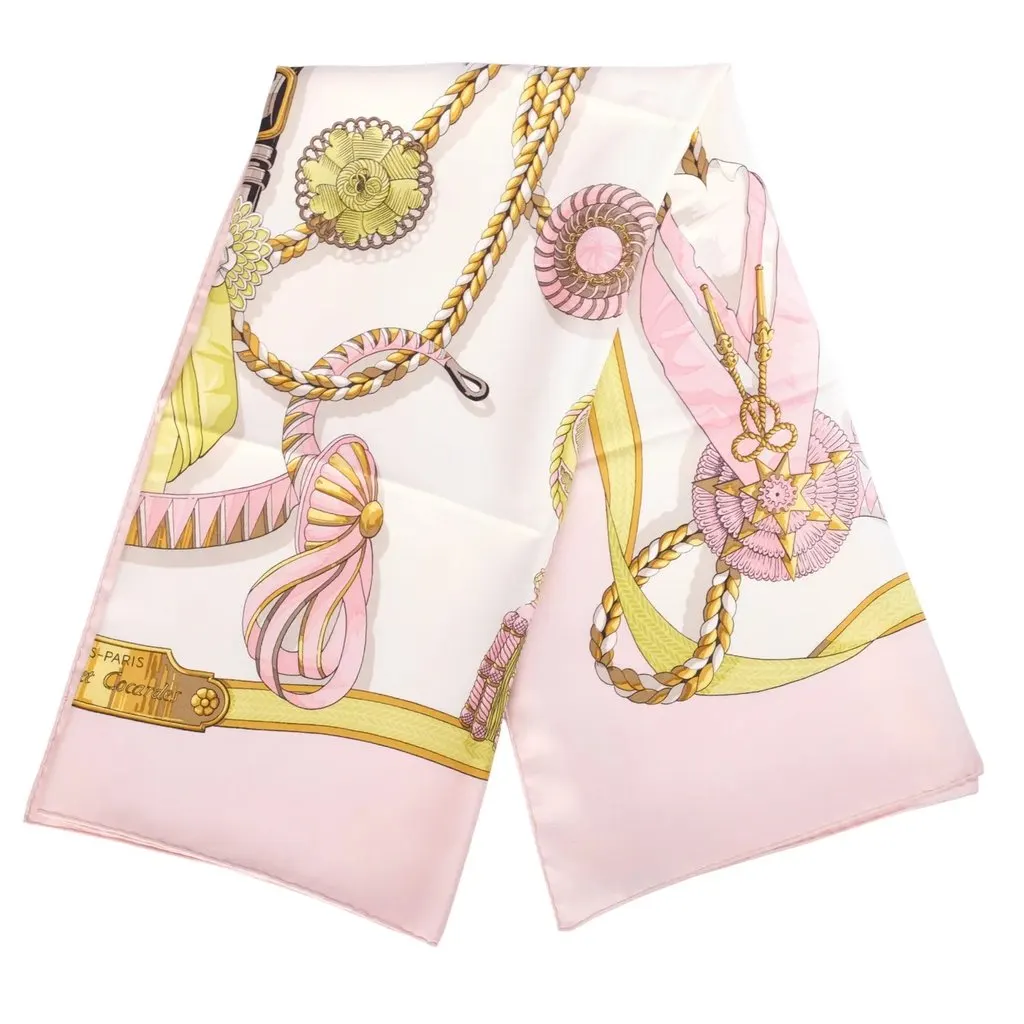 Hermès “Frontaux Et Cocardes” Pink & Ivory Silk Carré 90 Scarf By Caty Latham - '00s