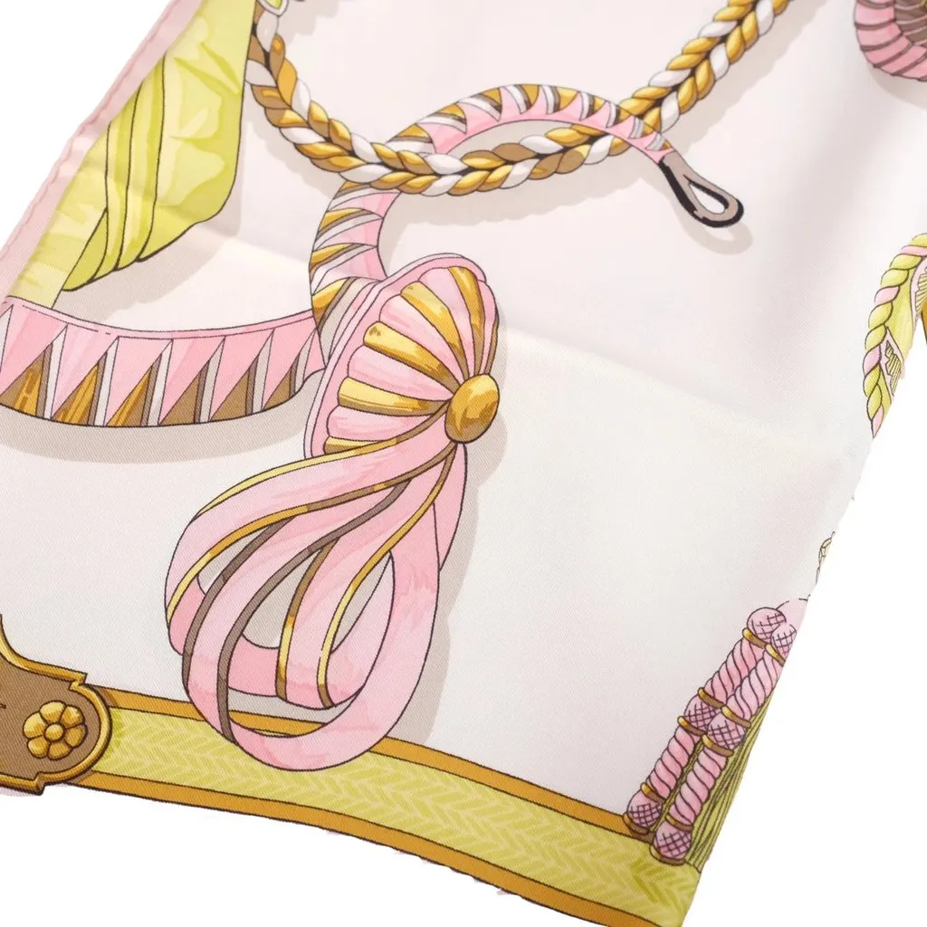 Hermès “Frontaux Et Cocardes” Pink & Ivory Silk Carré 90 Scarf By Caty Latham - '00s White Silk Good - Back View