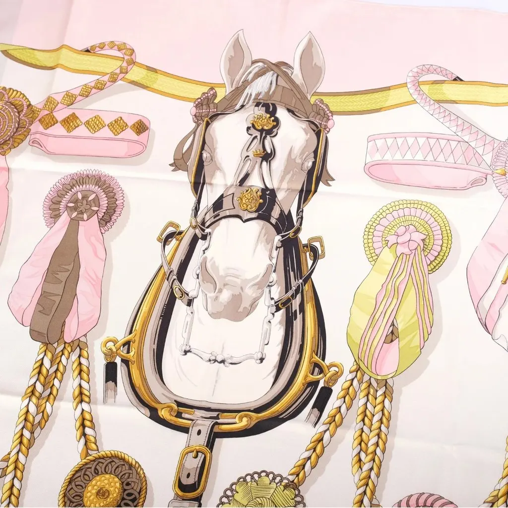 Hermès “Frontaux Et Cocardes” Pink & Ivory Silk Carré 90 Scarf By Caty Latham - '00s White Silk Good - Inside View