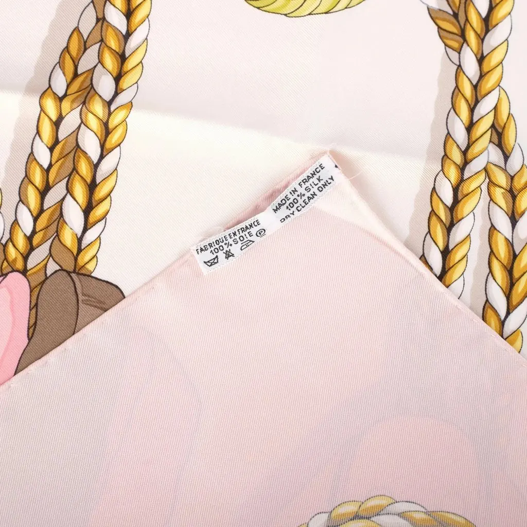Hermès “Frontaux Et Cocardes” Pink & Ivory Silk Carré 90 Scarf By Caty Latham - '00s White Silk Good - Model View