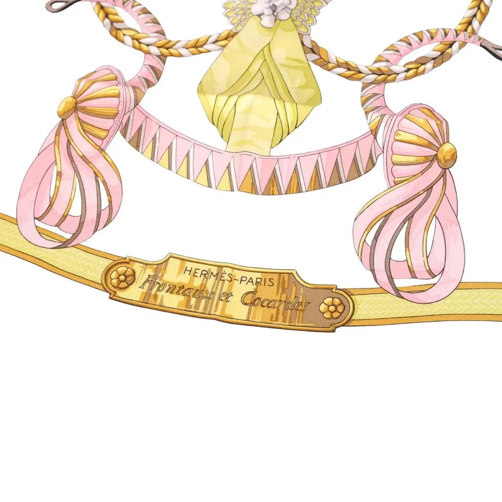 Hermès “Frontaux Et Cocardes” Pink & Ivory Silk Carré 90 Scarf By Caty Latham - '00s White Silk Good - Box View