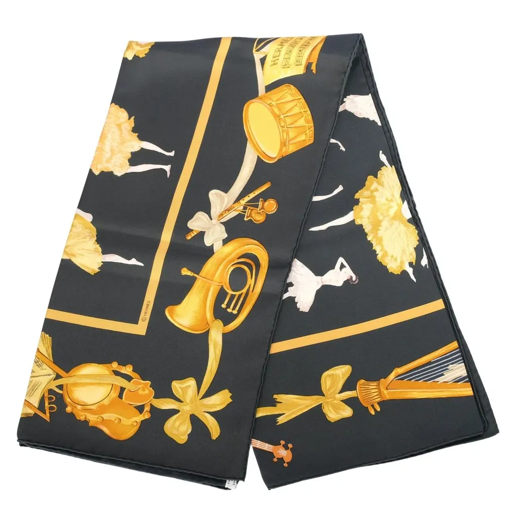 Hermès “La Danse” Black & Gold Silk Carré 90 Scarf By Jean-Louis Clerc - '00s