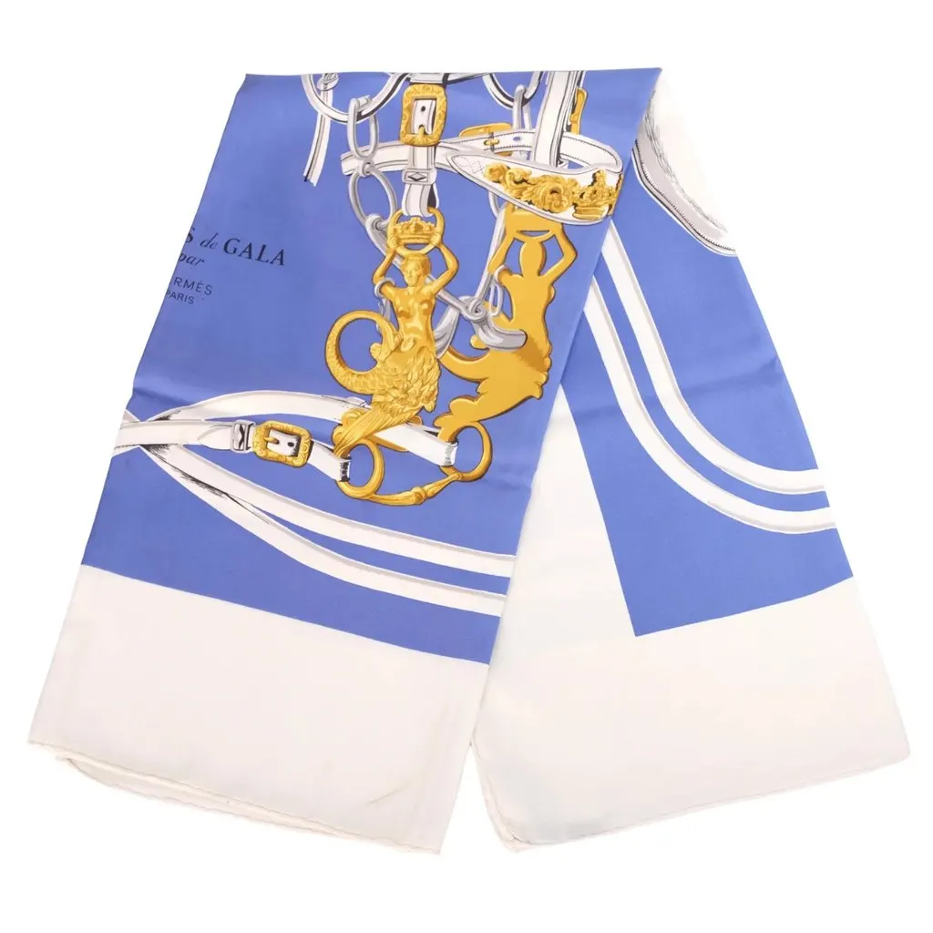 Hermès Brides de Gala Blue, White & Gold Silk Carré 90 Scarf - '90s