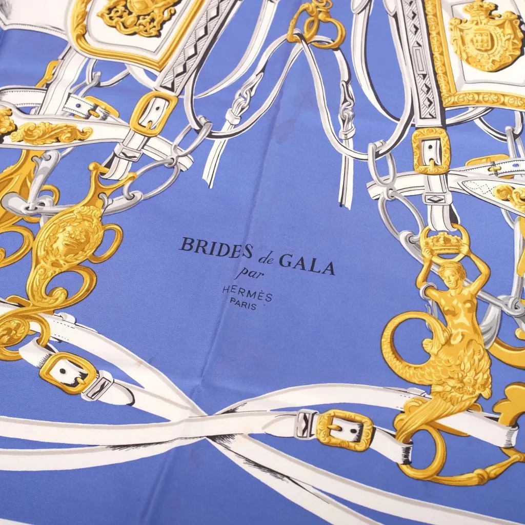 Hermès Brides de Gala Blue, White & Gold Silk Carré 90 Scarf - '90s White Silk Good - Back View
