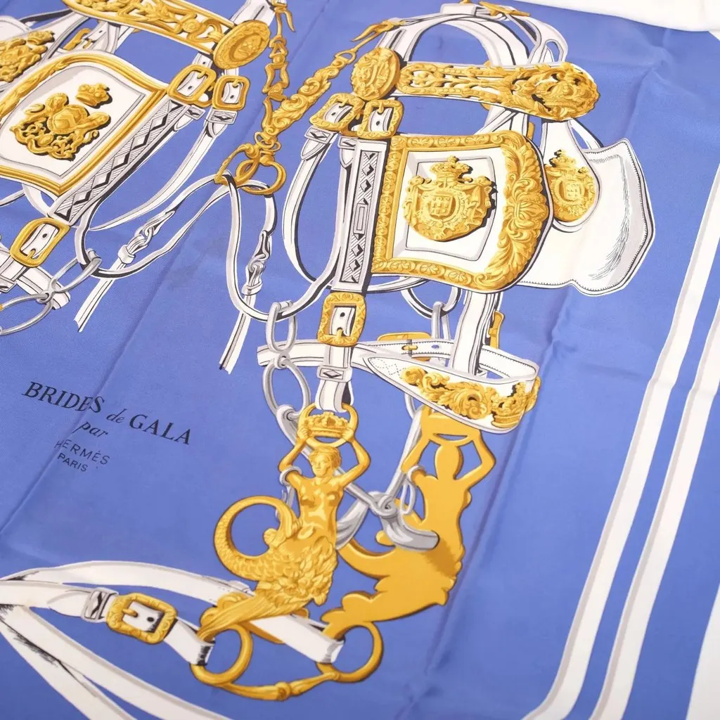 Hermès Brides de Gala Blue, White & Gold Silk Carré 90 Scarf - '90s White Silk Good - Model View