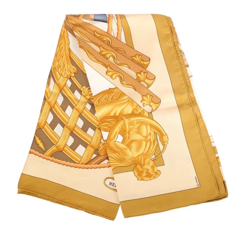 Hermès “Zéphyr” Gold Silk Carré 90 Scarf By Julia Abadie - '90s