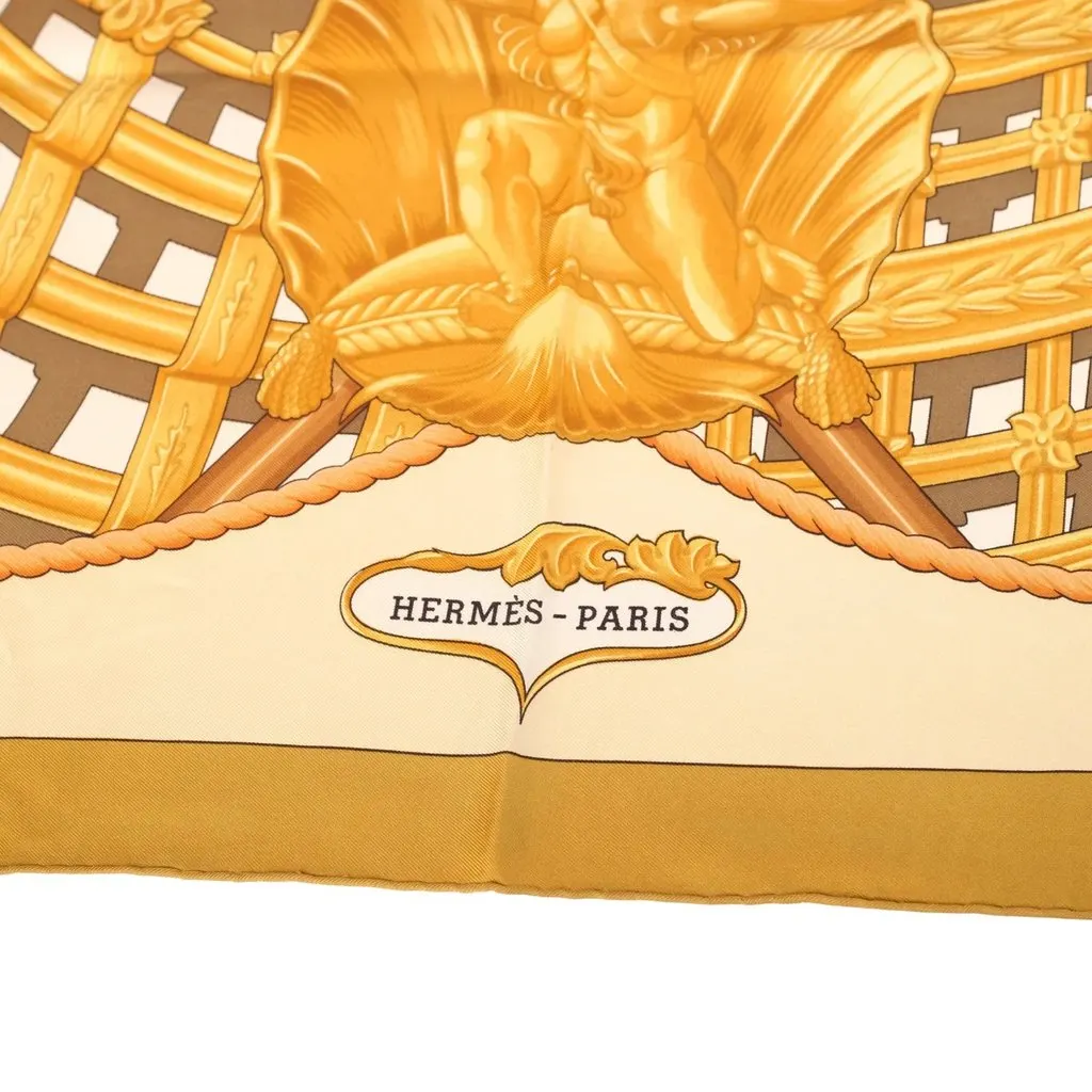 Hermès “Zéphyr” Gold Silk Carré 90 Scarf By Julia Abadie - '90s Gold Silk Good - Model View