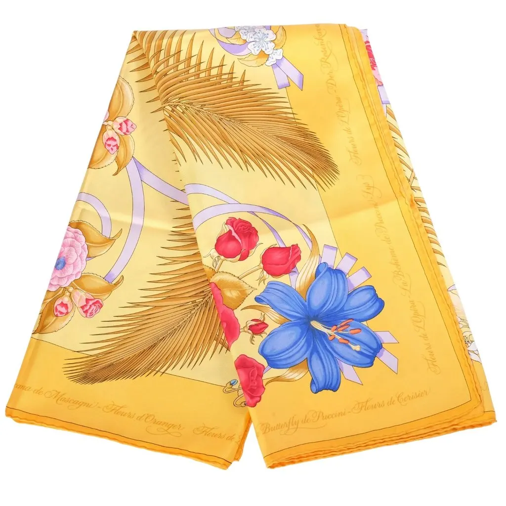 Hermès Vintage “Fleurs De L’opéra” Yellow Silk Carré 90 Scarf By Julia Abadie - '90s