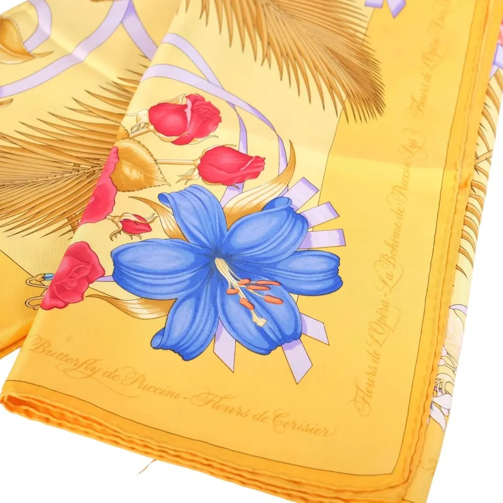 Hermès Vintage “Fleurs De L’opéra” Yellow Silk Carré 90 Scarf By Julia Abadie - '90s Yellow Silk Good - Back View