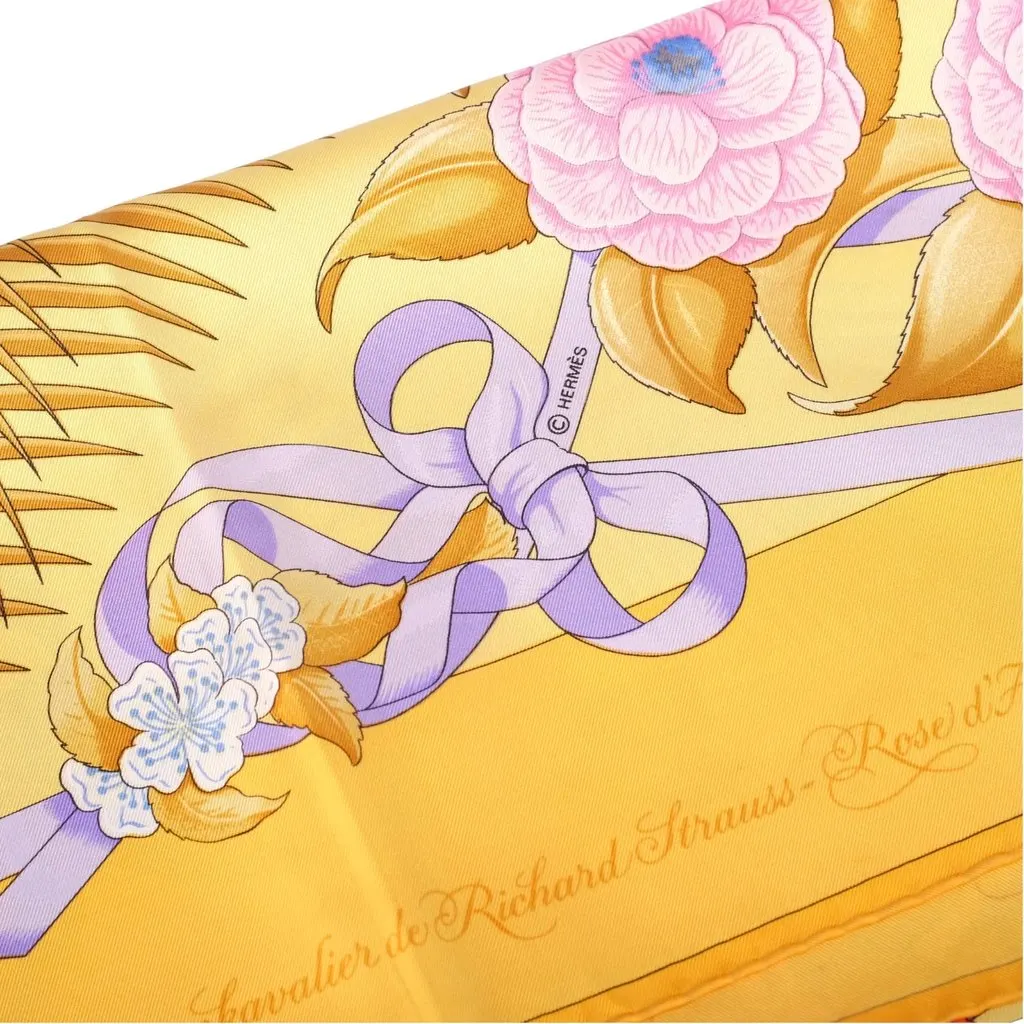 Hermès Vintage “Fleurs De L’opéra” Yellow Silk Carré 90 Scarf By Julia Abadie - '90s Yellow Silk Good - Inside View